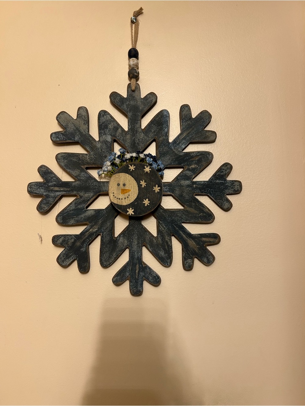 Handcrafted Navy Snowflake Wall Hanging with Snowman Motif